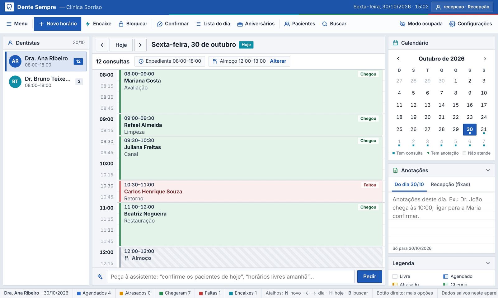 Agenda Dente Sempre no computador, com as consultas do dia de uma dentista